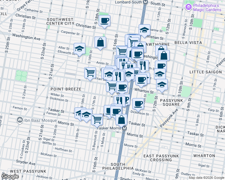 map of restaurants, bars, coffee shops, grocery stores, and more near 1256 South 15th Street in Philadelphia