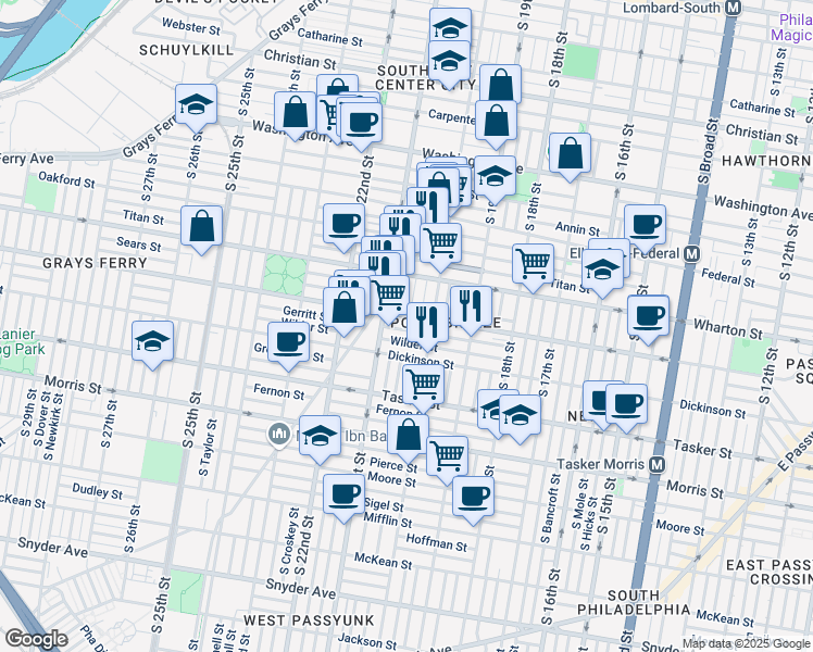 map of restaurants, bars, coffee shops, grocery stores, and more near 2031 Reed Street in Philadelphia
