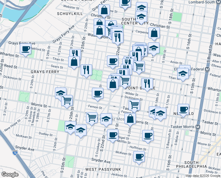 map of restaurants, bars, coffee shops, grocery stores, and more near 2216 Reed Street in Philadelphia