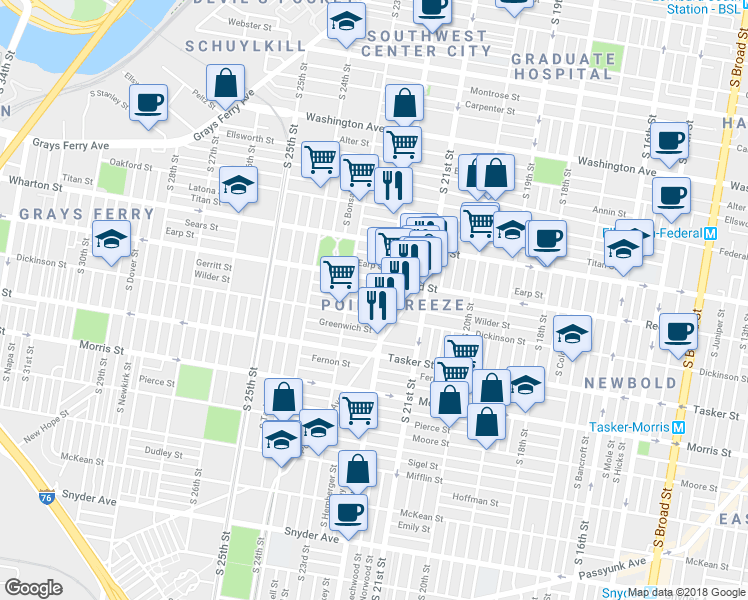 map of restaurants, bars, coffee shops, grocery stores, and more near 2216 Reed Street in Philadelphia