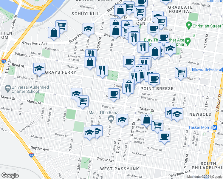 map of restaurants, bars, coffee shops, grocery stores, and more near 2320 Wilder Street in Philadelphia