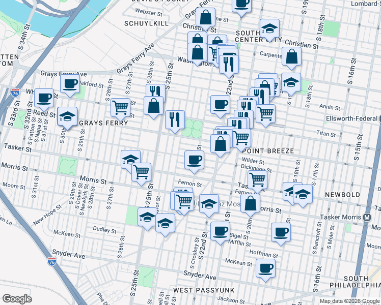 map of restaurants, bars, coffee shops, grocery stores, and more near 2311 Gerritt Street in Philadelphia