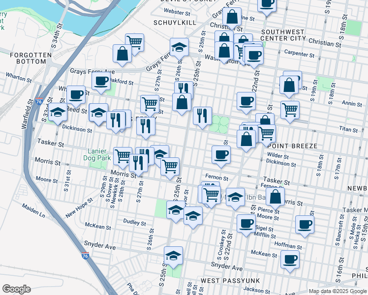 map of restaurants, bars, coffee shops, grocery stores, and more near 1455 South 25th Street in Philadelphia