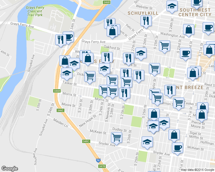 map of restaurants, bars, coffee shops, grocery stores, and more near 1509 South Dover Street in Philadelphia