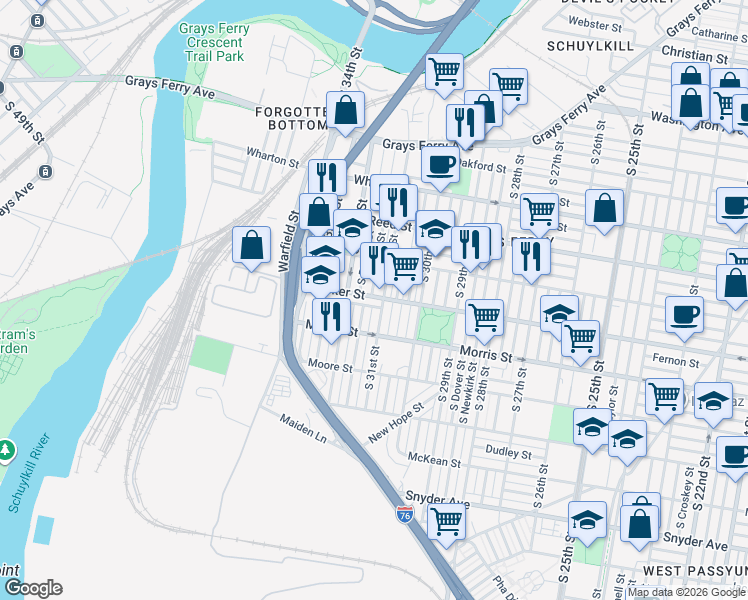 map of restaurants, bars, coffee shops, grocery stores, and more near in Philadelphia