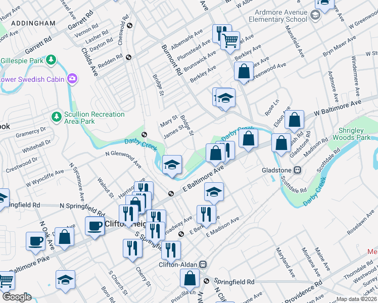 map of restaurants, bars, coffee shops, grocery stores, and more near 69 Bridge Street in Drexel Hill