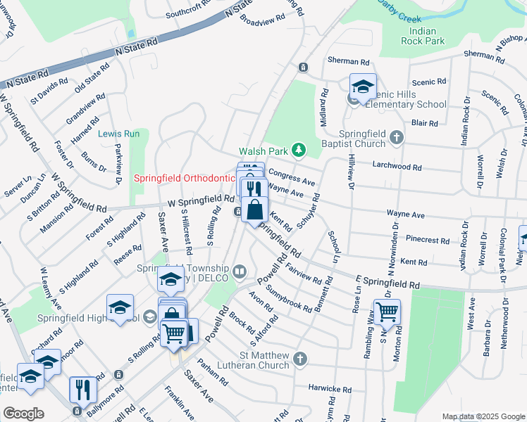map of restaurants, bars, coffee shops, grocery stores, and more near 24 Surrey Road in Springfield