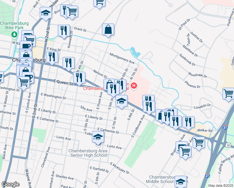 map of restaurants, bars, coffee shops, grocery stores, and more near 36 North 6th Street in Chambersburg