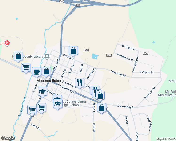 map of restaurants, bars, coffee shops, grocery stores, and more near 532 North 5th Street in McConnellsburg
