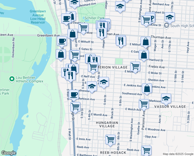 map of restaurants, bars, coffee shops, grocery stores, and more near 1363 South 5th Street in Columbus