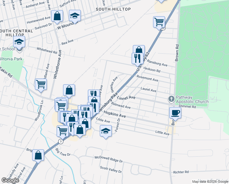 map of restaurants, bars, coffee shops, grocery stores, and more near 1087 Harrisburg Pike in Columbus