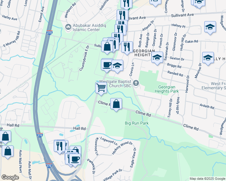 map of restaurants, bars, coffee shops, grocery stores, and more near 4301 Clime Road North in Columbus