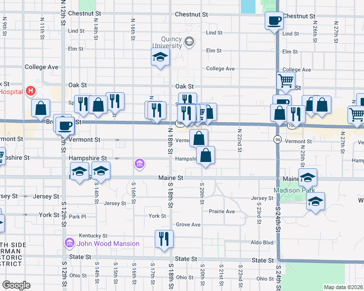 map of restaurants, bars, coffee shops, grocery stores, and more near 1823 Vermont Street in Quincy