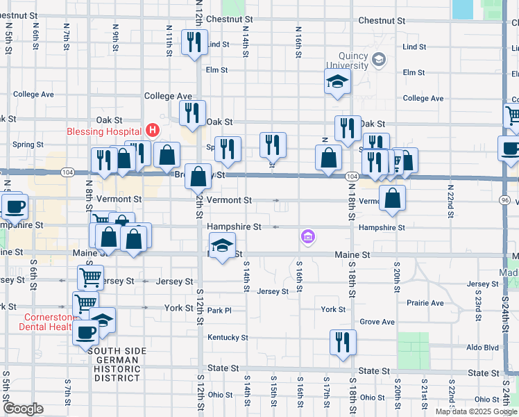 map of restaurants, bars, coffee shops, grocery stores, and more near 1400 Vermont Street in Quincy