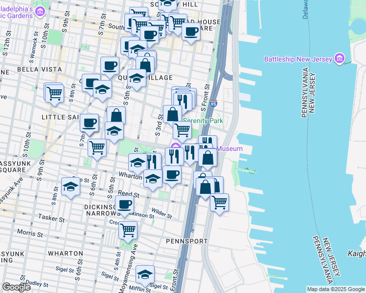 map of restaurants, bars, coffee shops, grocery stores, and more near 129 Washington Avenue in Philadelphia