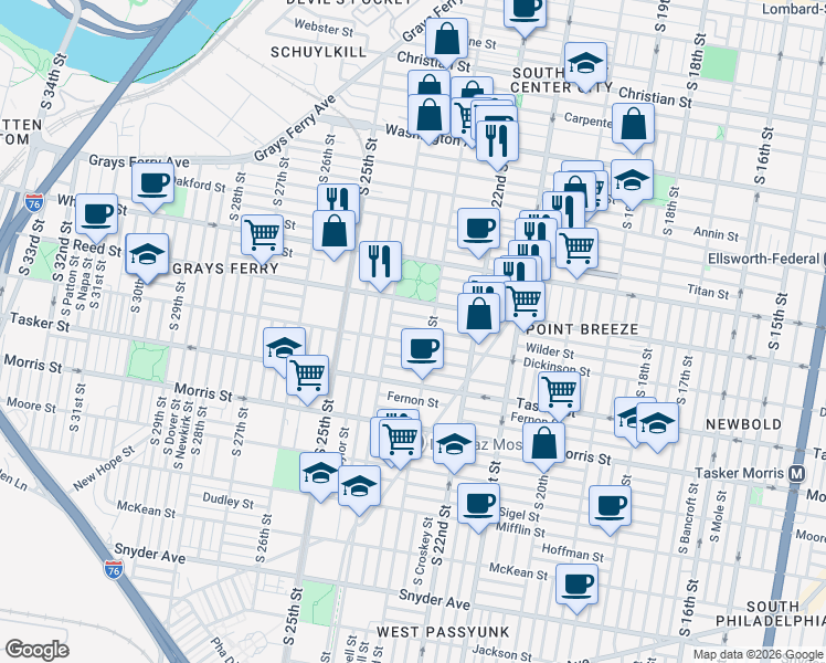 map of restaurants, bars, coffee shops, grocery stores, and more near 2311 Gerritt Street in Philadelphia