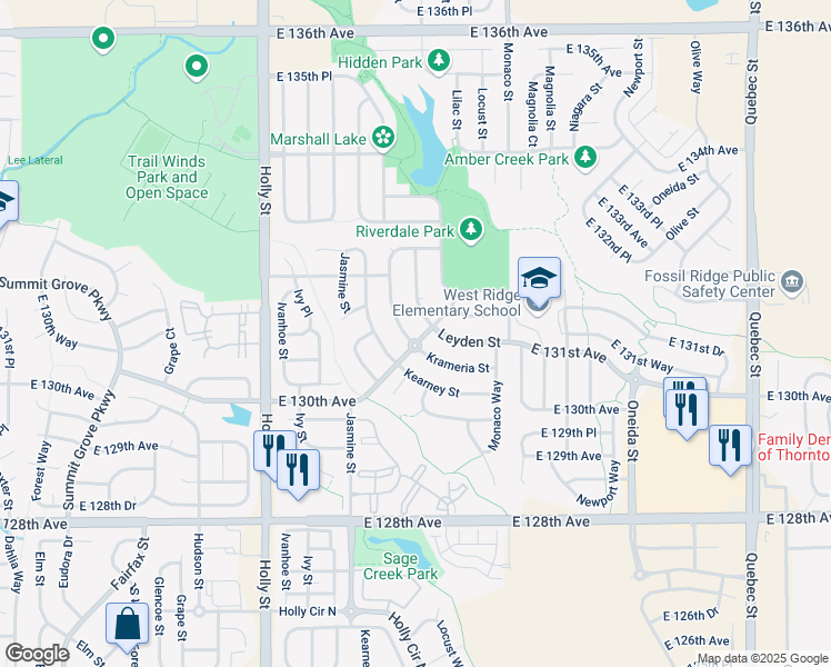 map of restaurants, bars, coffee shops, grocery stores, and more near 13131 Leyden Street in Thornton