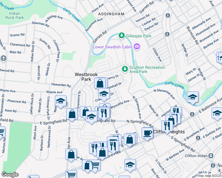 map of restaurants, bars, coffee shops, grocery stores, and more near 5157 Whitehall Drive in Clifton Heights