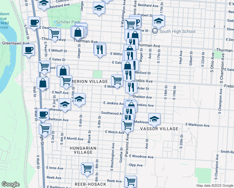 map of restaurants, bars, coffee shops, grocery stores, and more near 1441 Parsons Avenue in Columbus