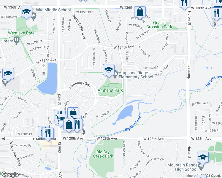 map of restaurants, bars, coffee shops, grocery stores, and more near 13085 Pecos Street in Westminster