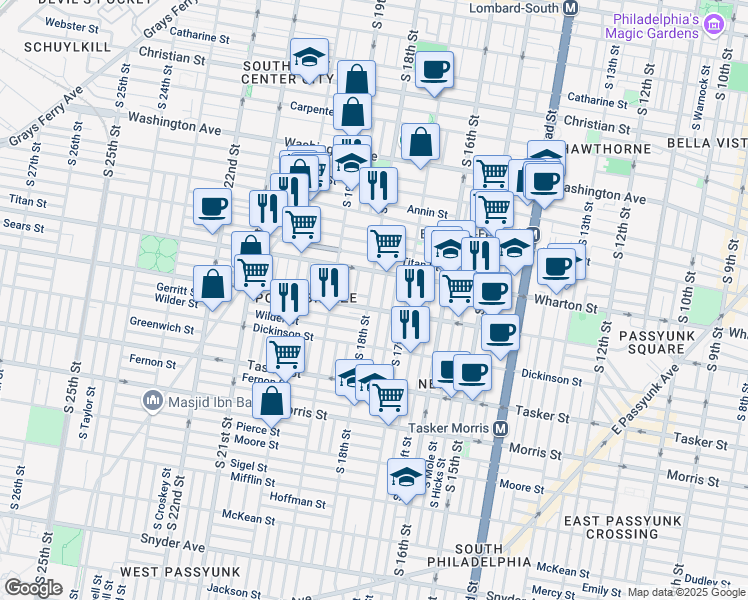 map of restaurants, bars, coffee shops, grocery stores, and more near 1317 South 18th Street in Philadelphia