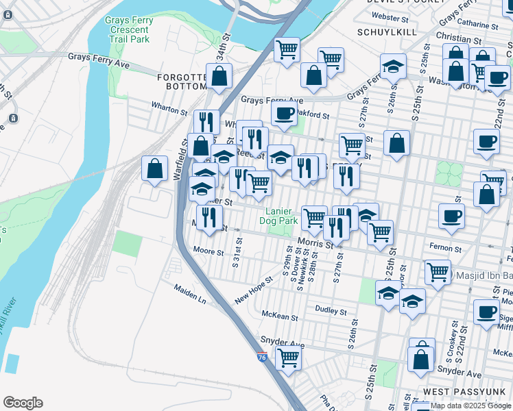 map of restaurants, bars, coffee shops, grocery stores, and more near 1547 South Stanley Street in Philadelphia