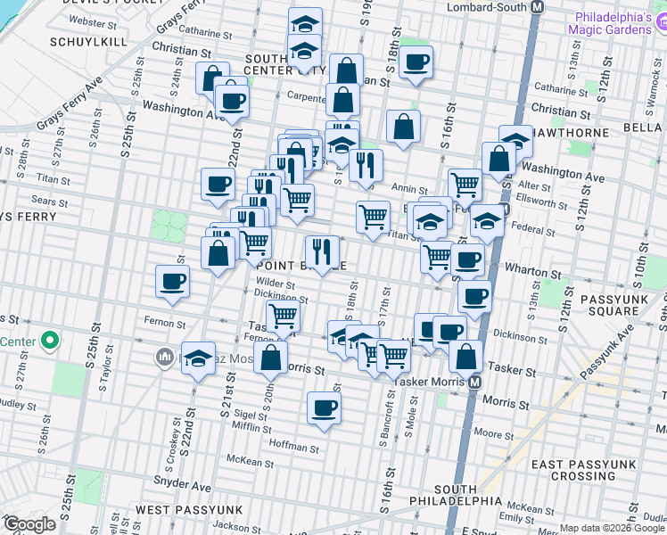map of restaurants, bars, coffee shops, grocery stores, and more near 1325 South 19th Street in Philadelphia