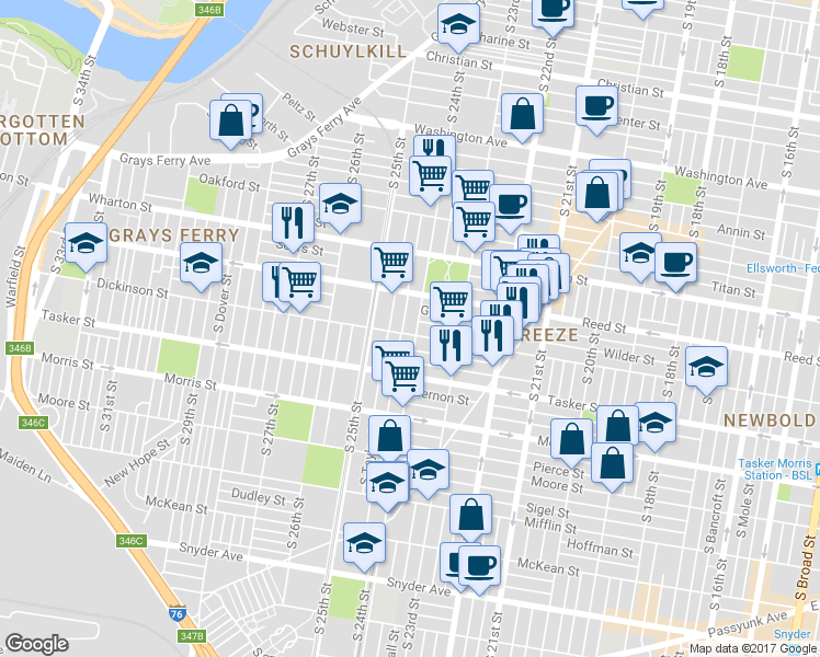 map of restaurants, bars, coffee shops, grocery stores, and more near 1440 South 24th Street in Philadelphia