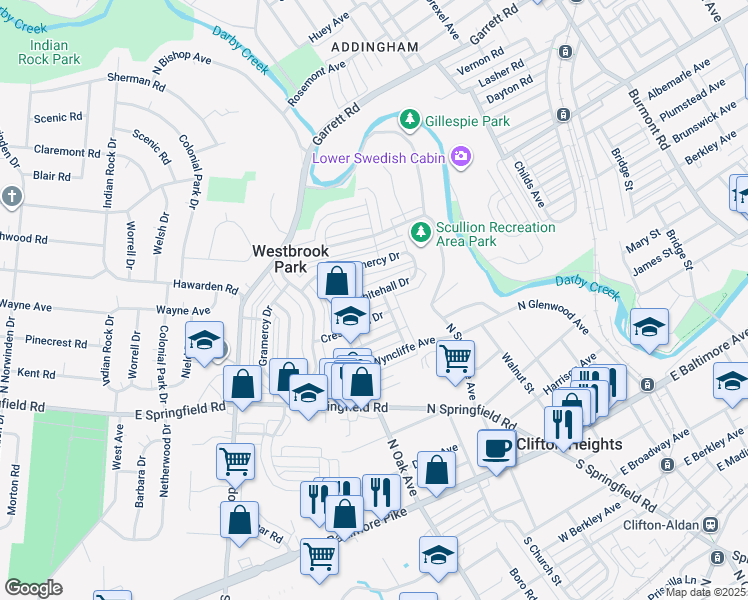 map of restaurants, bars, coffee shops, grocery stores, and more near 5157 Whitehall Drive in Clifton Heights
