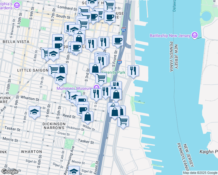 map of restaurants, bars, coffee shops, grocery stores, and more near 956 South Front Street in Philadelphia