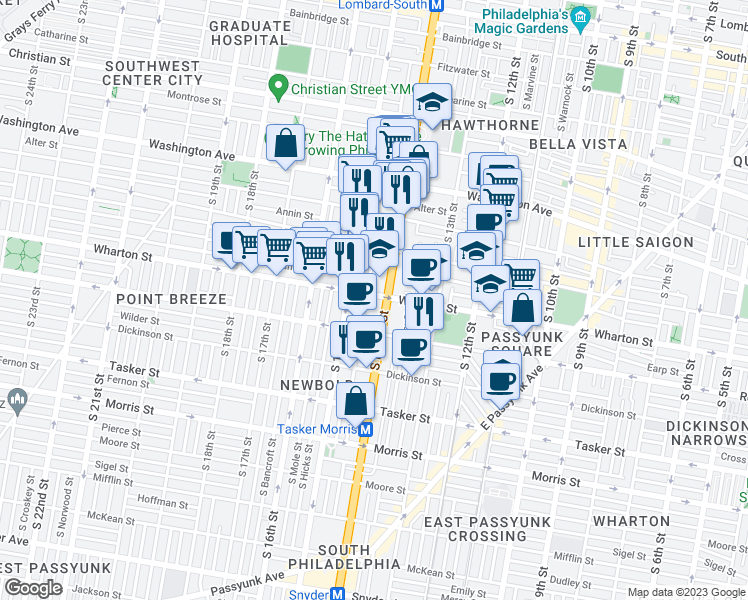 map of restaurants, bars, coffee shops, grocery stores, and more near 1410 Wharton Street in Philadelphia