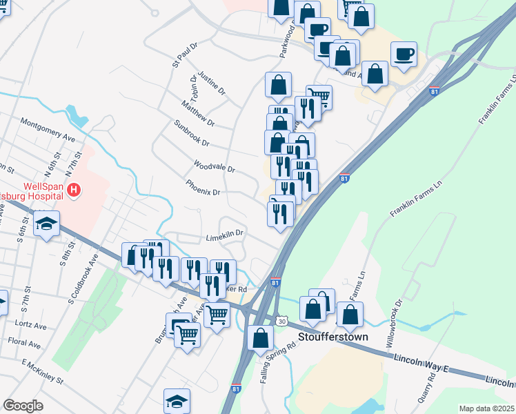 map of restaurants, bars, coffee shops, grocery stores, and more near 426 Phoenix Drive in Chambersburg