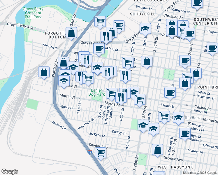 map of restaurants, bars, coffee shops, grocery stores, and more near 1533 South Dover Street in Philadelphia