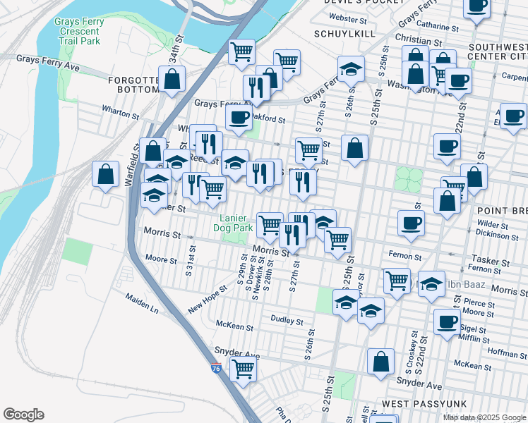 map of restaurants, bars, coffee shops, grocery stores, and more near 1533 South Dover Street in Philadelphia