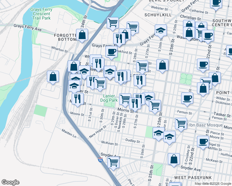 map of restaurants, bars, coffee shops, grocery stores, and more near 1519 South Myrtlewood Street in Philadelphia