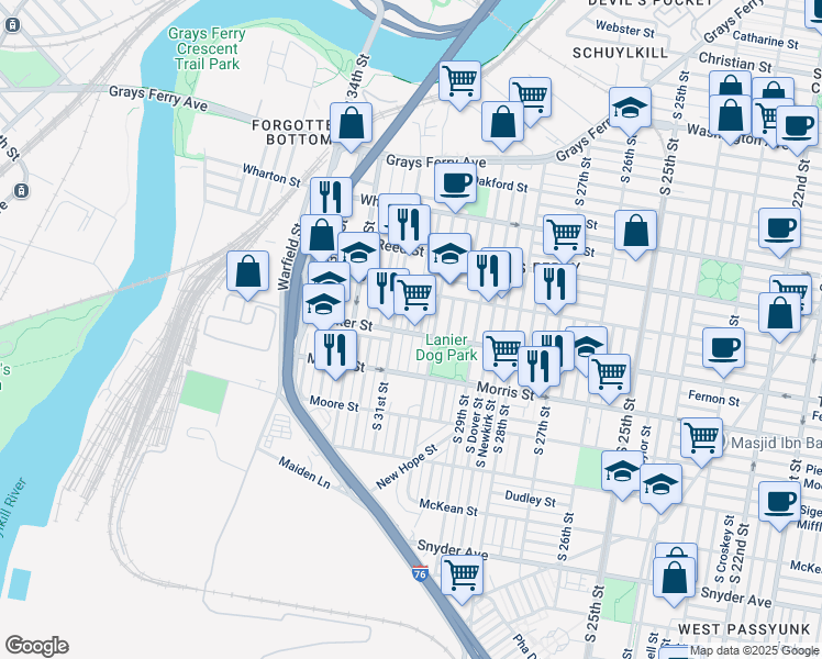 map of restaurants, bars, coffee shops, grocery stores, and more near 1547 South Stanley Street in Philadelphia