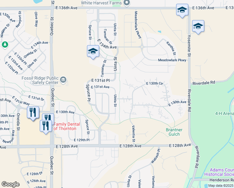 map of restaurants, bars, coffee shops, grocery stores, and more near 13124 Uinta Street in Thornton