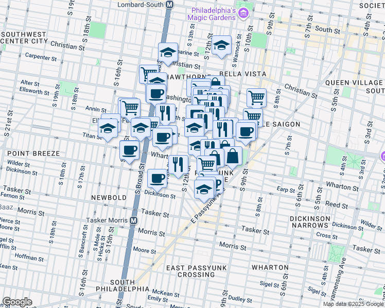 map of restaurants, bars, coffee shops, grocery stores, and more near 1239 South 12th Street in Philadelphia