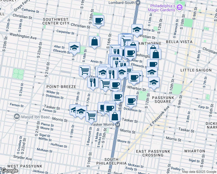 map of restaurants, bars, coffee shops, grocery stores, and more near 1307 South Hicks Street in Philadelphia