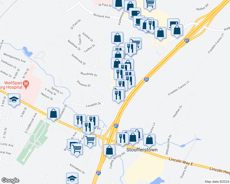 map of restaurants, bars, coffee shops, grocery stores, and more near 231 Walker Road in Chambersburg
