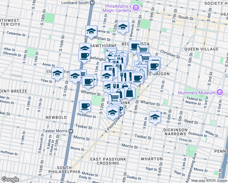 map of restaurants, bars, coffee shops, grocery stores, and more near 1222 South 11th Street in Philadelphia