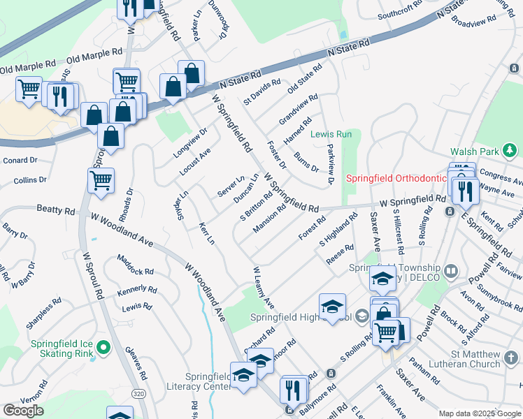 map of restaurants, bars, coffee shops, grocery stores, and more near 33 South Britton Road in Springfield