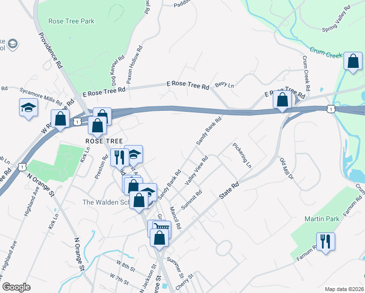 map of restaurants, bars, coffee shops, grocery stores, and more near 380 Sandy Bank Road in Media