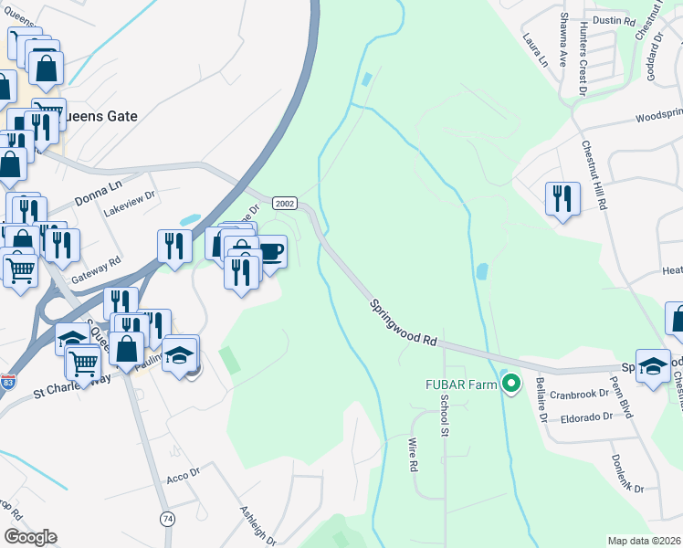 map of restaurants, bars, coffee shops, grocery stores, and more near 2400 Springwood Road in York