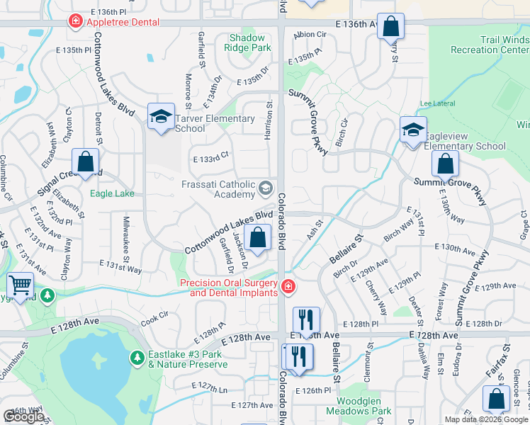 map of restaurants, bars, coffee shops, grocery stores, and more near Cottonwood Lakes Boulevard in Thornton