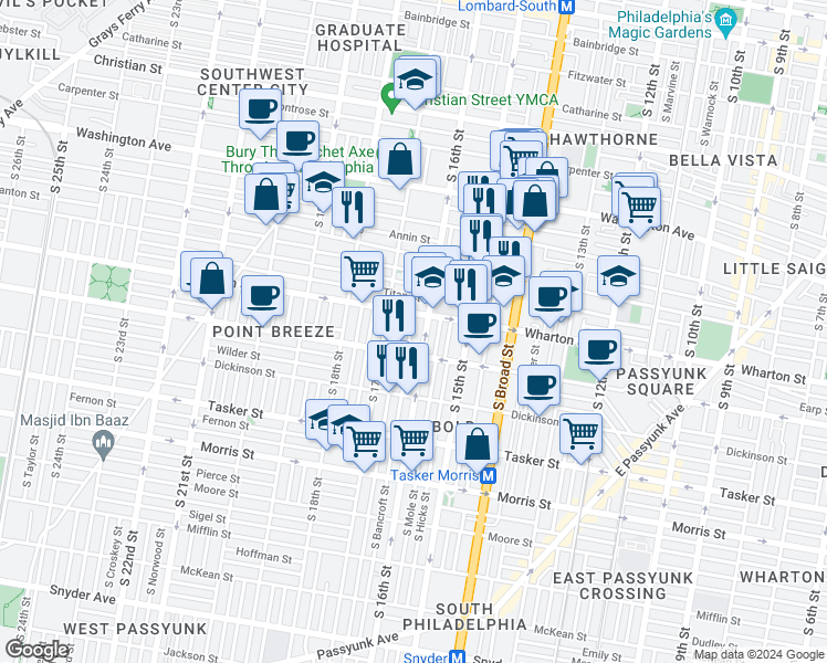 map of restaurants, bars, coffee shops, grocery stores, and more near 1323 South Bancroft Street in Philadelphia