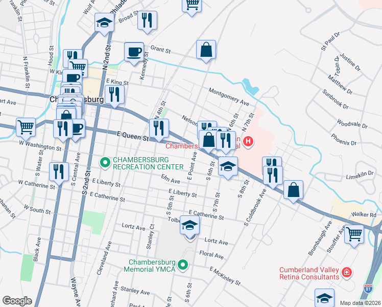 map of restaurants, bars, coffee shops, grocery stores, and more near 510 East Queen Street in Chambersburg