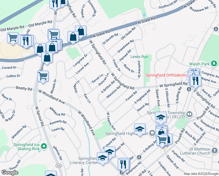 map of restaurants, bars, coffee shops, grocery stores, and more near 33 South Britton Road in Springfield