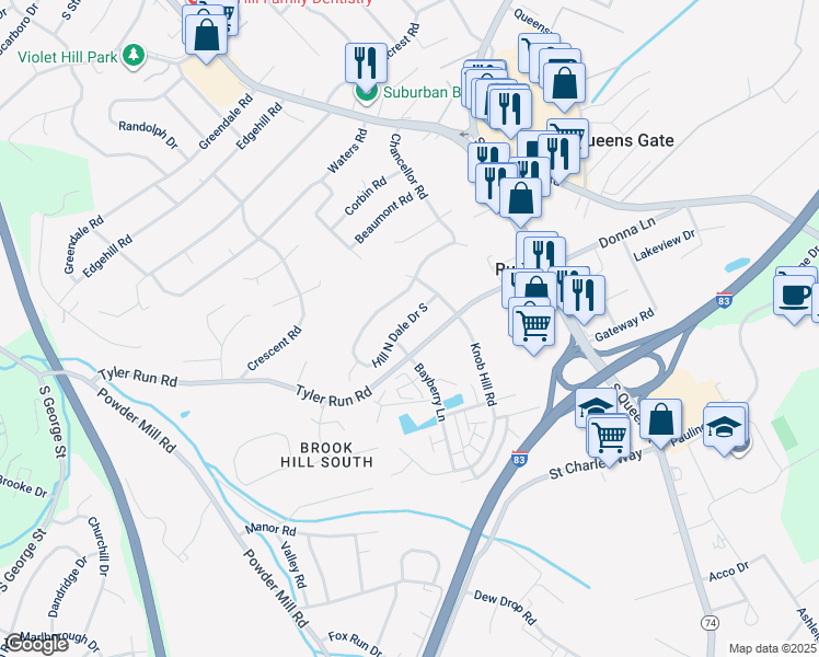 map of restaurants, bars, coffee shops, grocery stores, and more near 371 Hill N Dale Drive South in York