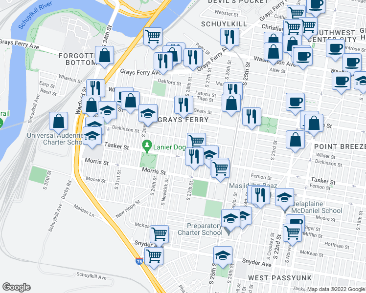 map of restaurants, bars, coffee shops, grocery stores, and more near 1520 South Marston Street in Philadelphia